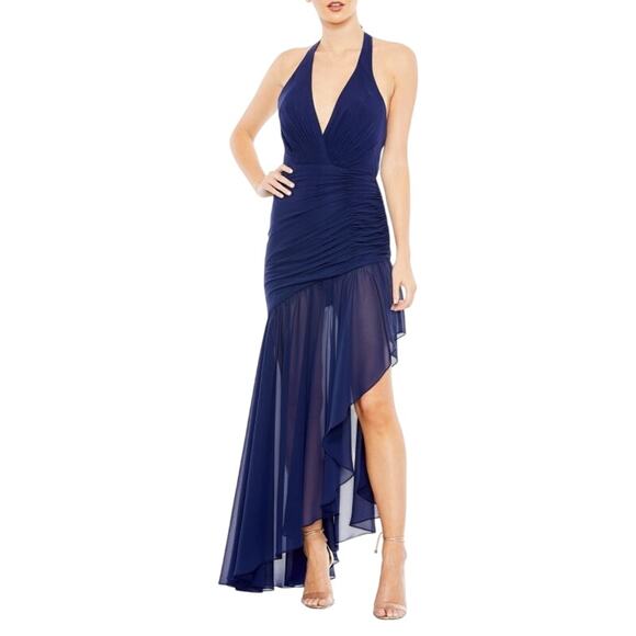 Mac Duggal NWT Asymmetrical Ruffle Hem Halter Dress in Navy Size 4 - Picture 1 of 7